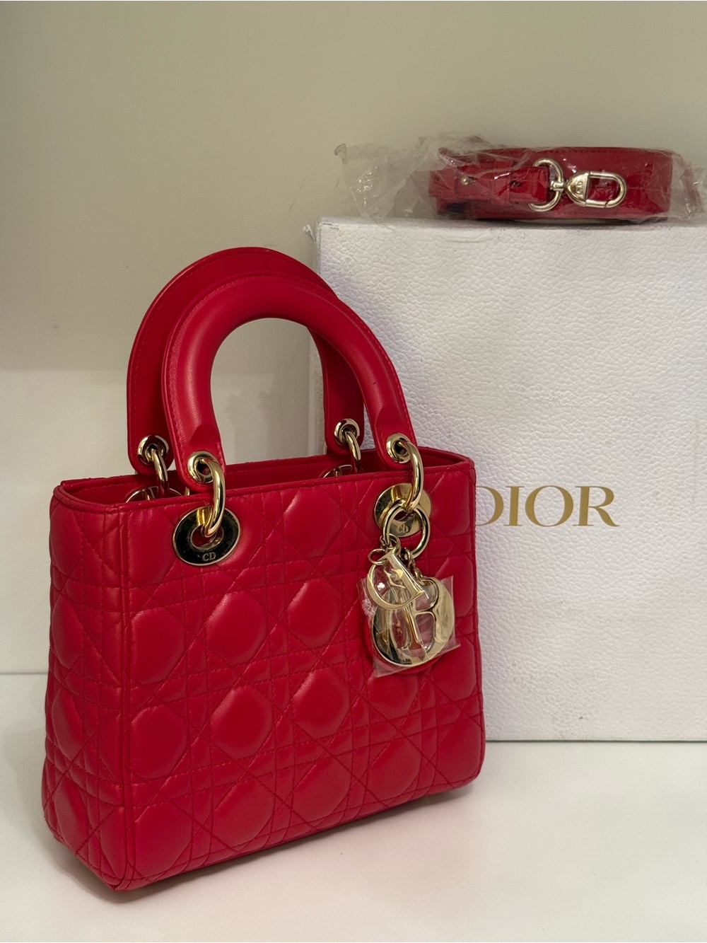 Dior Small Red Quilted Lady Handbag with Gold Hardware